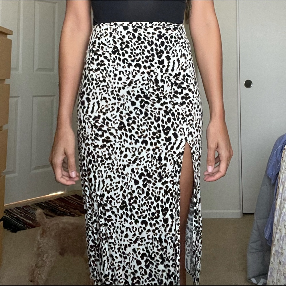 Cotton Candy Black and White Leopard Print Midi Skirt with Side Slit